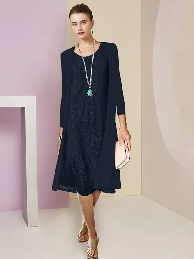 Luolandi Two Piece Sheath / Column Mother of the Bride Dress Formal Wedding Guest Elegant Scoop Neck Knee Length Chiffon Lace Half Sleeve Jacket Dresses